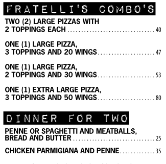 Fratellis Take out Specials Pizza and Wings